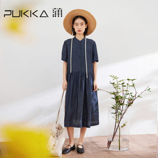 蒲PUKKA 24春夏季新品天丝亚麻中式立领宽松短袖连衣裙