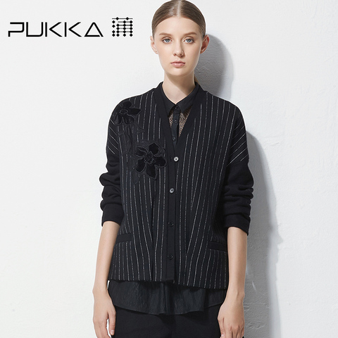 Pukka/蒲牌2017秋冬新款商场同款原创条纹拼接绣花棉羊毛呢短外套
