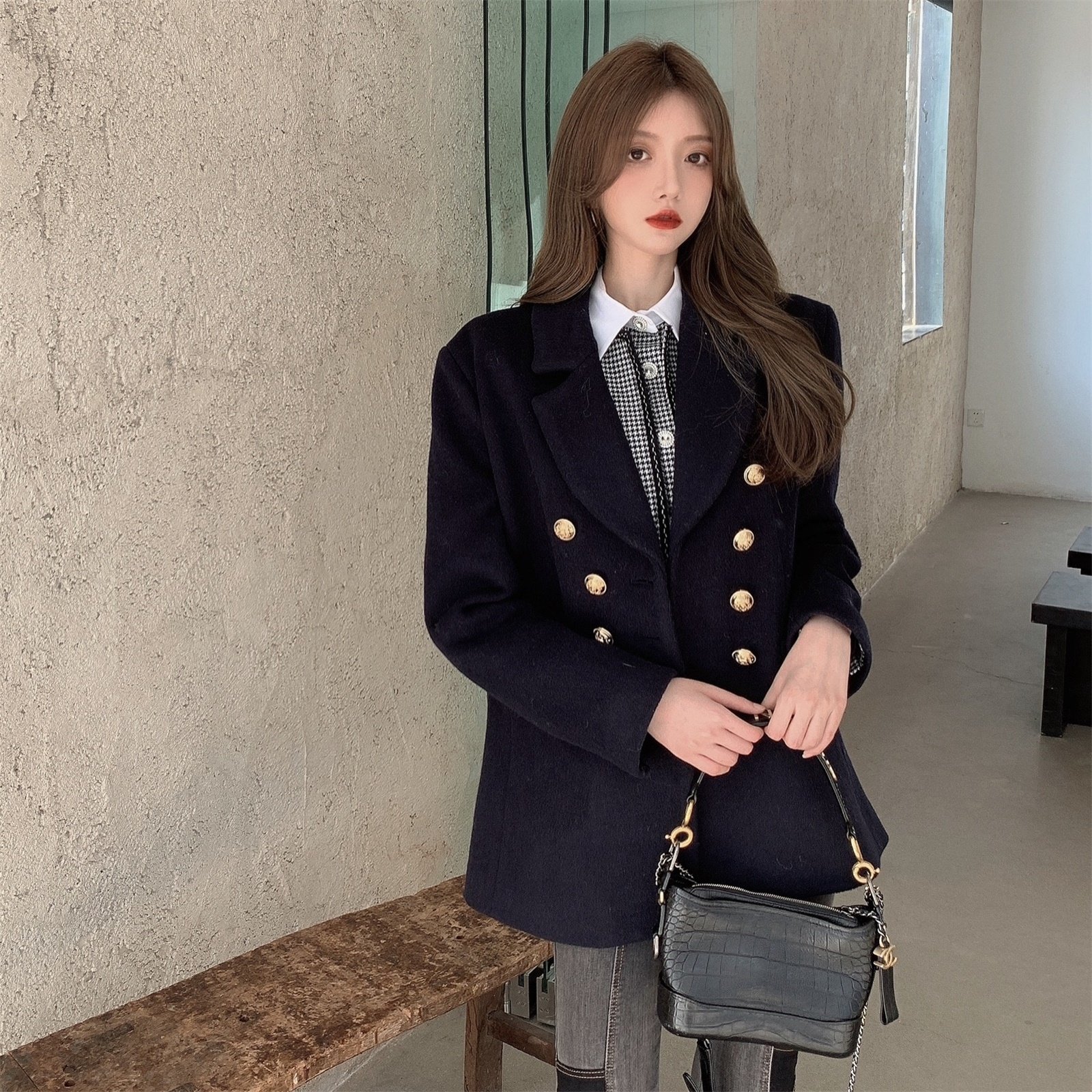 实拍实价 复古气质双排扣毛呢外套+千鸟格小香风呢子上衣