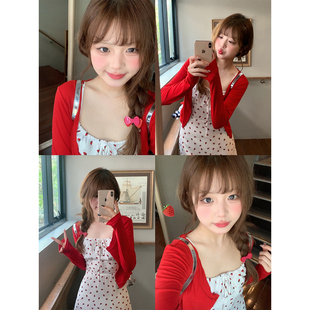 YUKIXIAOSHU自制草莓吊带连衣裙红色防晒短款外套显瘦两件套春夏