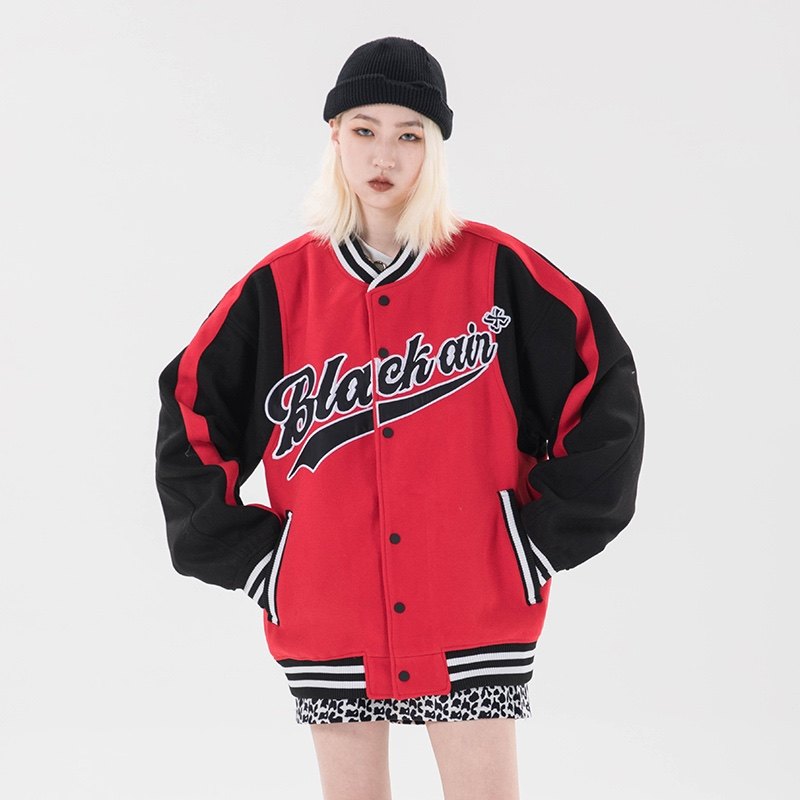 任豪同款blackair美式复古字母刺绣拼接夹克oversize情侣棒球服