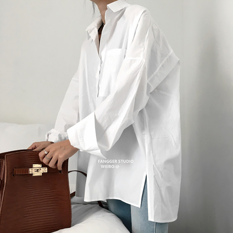 秋季韩版简约宽松开叉白色衬衫女中长款纽扣衬衣韩版学生上衣春