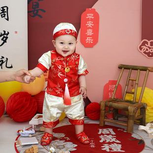 宝宝周岁礼服男1岁生日抓周服中国风唐装夏季婴儿衣服红色套装