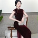 夏装无袖妈妈旗袍气质优雅香云纱真丝拼接金丝绒纯色长款婚宴礼服