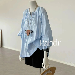 【PANDR】蓝色刺绣衬衫女长袖2024夏季新款韩版防晒衬衣气质上衣