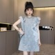 【现货】网纱拼接条纹连衣裙女2025新款无袖中长款欧货破洞蕾丝