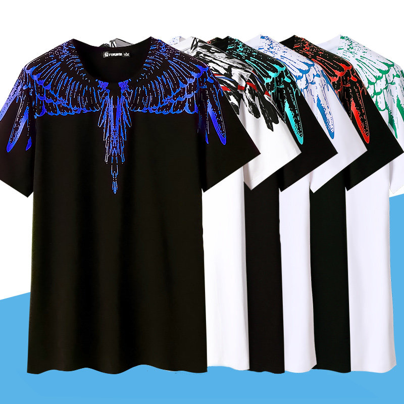 欧美潮牌mb短袖t恤男 羽毛水滴翅膀印花纯棉圆领衣服夏季半袖体恤