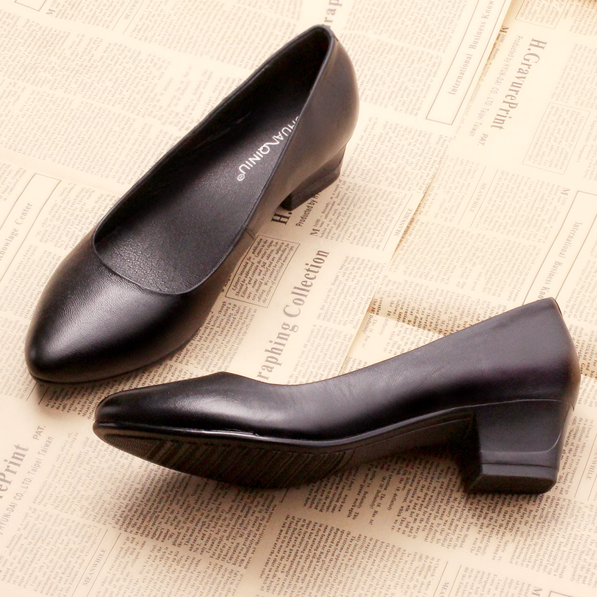酒店工作鞋女黑色正装面试皮鞋中跟真皮舒适职业粗跟软底女鞋春秋