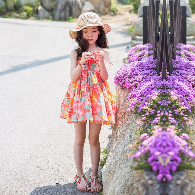 女童2017夏季连衣裙小女孩挂脖吊带露背沙滩裙儿童韩版碎花裙子潮