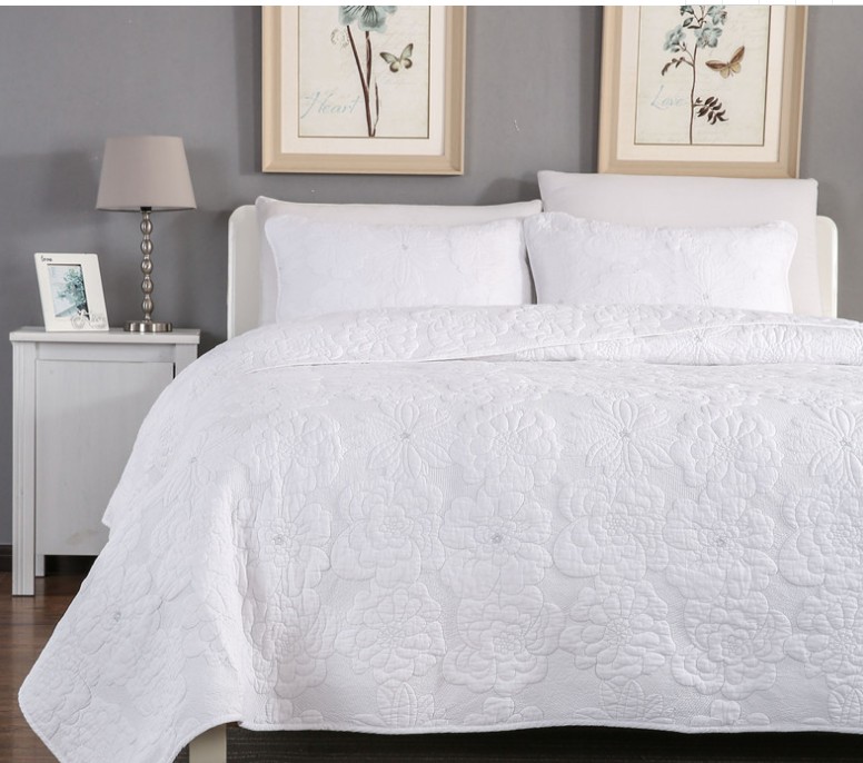 白色加厚美式夹棉绗缝被 纯棉绣花床盖 防滑床单 床罩三件套