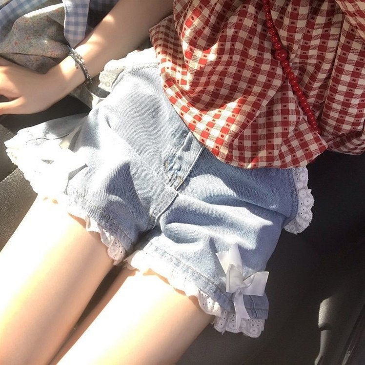 牛仔短裤女学生日系夏季高腰软妹蕾丝花边蝴蝶结宽松a字阔腿热裤