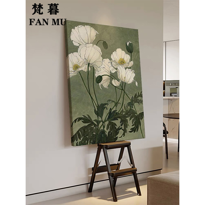 纯手绘油画新中式花卉荷花装饰画玄关客厅卧室中古风抽象背景挂画