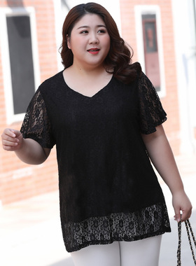 大码蕾丝衫短袖胖mm加大码200斤宽松中长款上衣肥婆装显瘦中老年