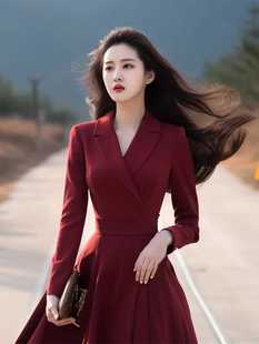 2024年春秋新款时尚轻奢高级感端庄大气正式场合红色西装连衣裙女