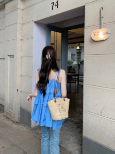 实拍实价蓝色小清新系带吊带背心女韩版设计感宽松荷叶边上衣