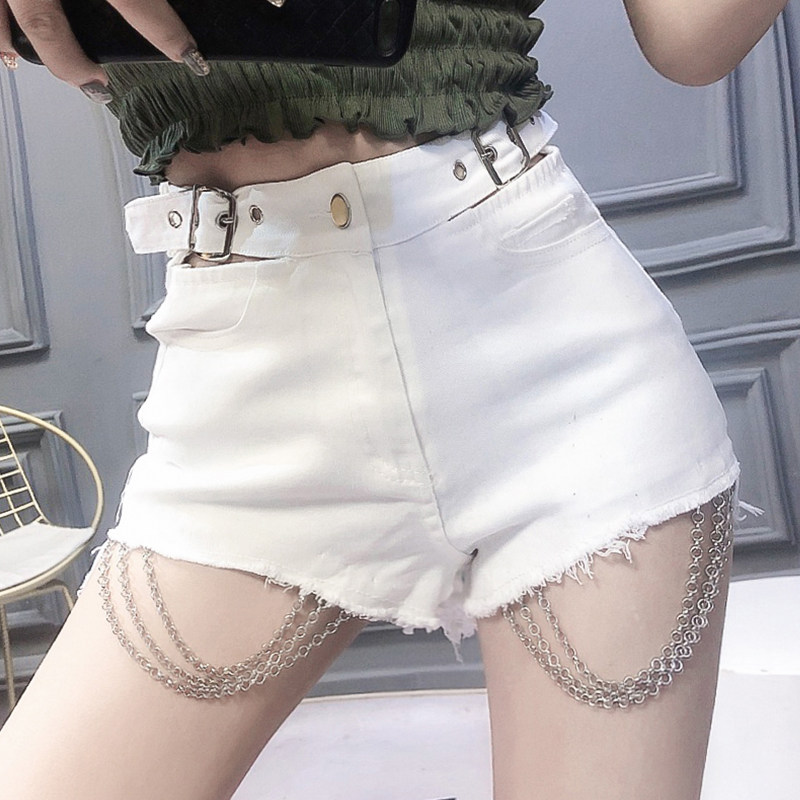 3506实拍实价高腰毛边牛仔短裤女夏季露腰链条热裤