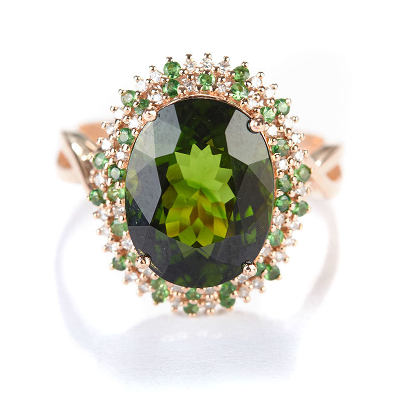 主石4.65ct 稀有铬绿碧玺戒指 18k金镶钻石沙弗莱