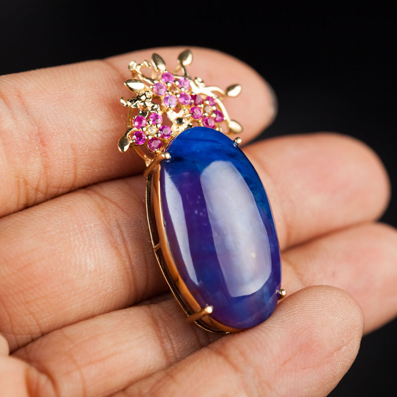 奢华高贵 天然老料紫舒俱来吊坠 18k金镶红宝石 黄色蓝宝石
