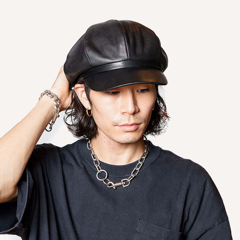 羊皮英伦八角帽男复古皮质春季真皮圆顶短檐休闲画家帽黑色报童帽