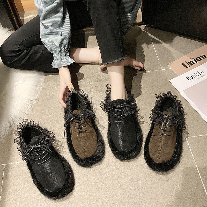 一折绒面单鞋女平底 圆头_2019欧洲风新款绒面圆头弹力绳高帮鞋毛毛鞋