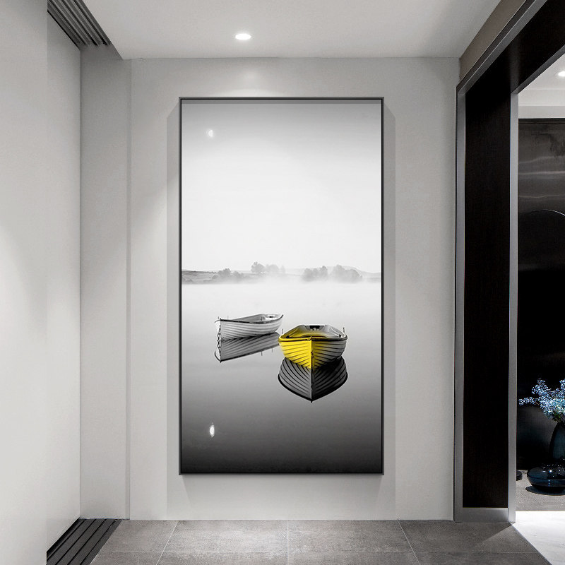 现代简约玄关装饰画黑白灰竖版入户墙进门挂画过道走廊船北欧墙画