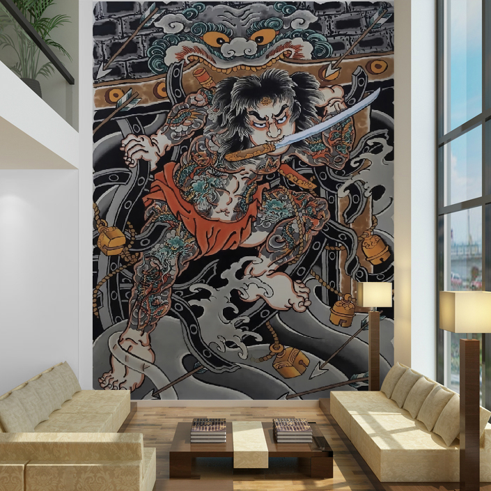 武士壁纸张顺纹身店刺青主题墙纸日式工作室浮世绘