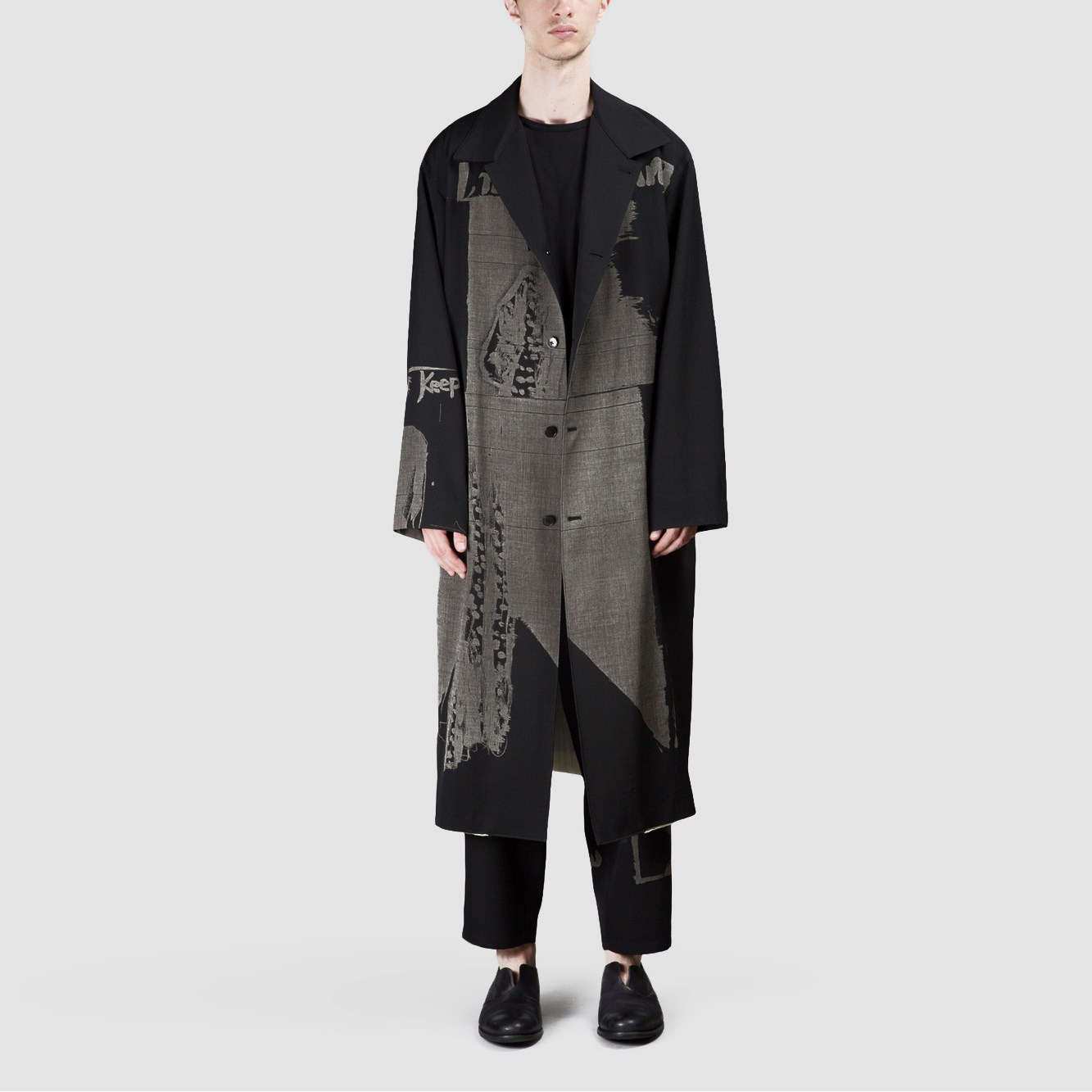 yoji ooak 拔染羊毛风衣山本耀司头像印花宽松大衣两穿外套