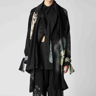 YOJI OOAK 日系男款长袖设计感印花图案不对称前襟中长款外套上衣