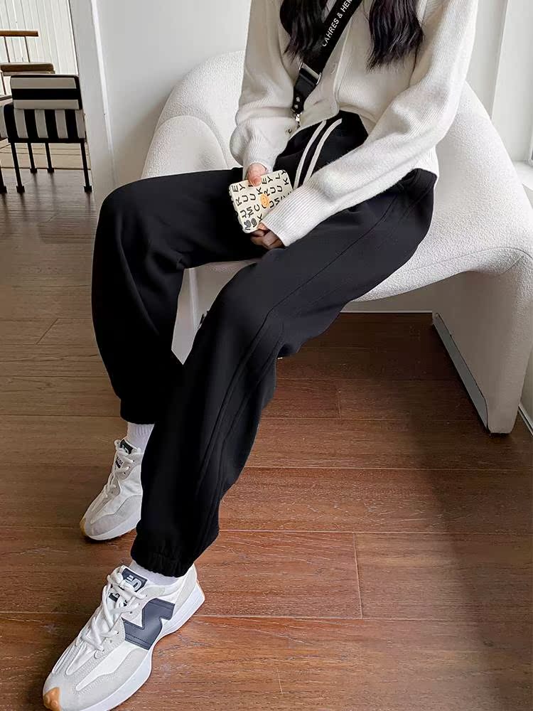 黑色运动裤女春秋2021新款时尚小个子休闲灰色束脚秋冬加绒卫裤潮
