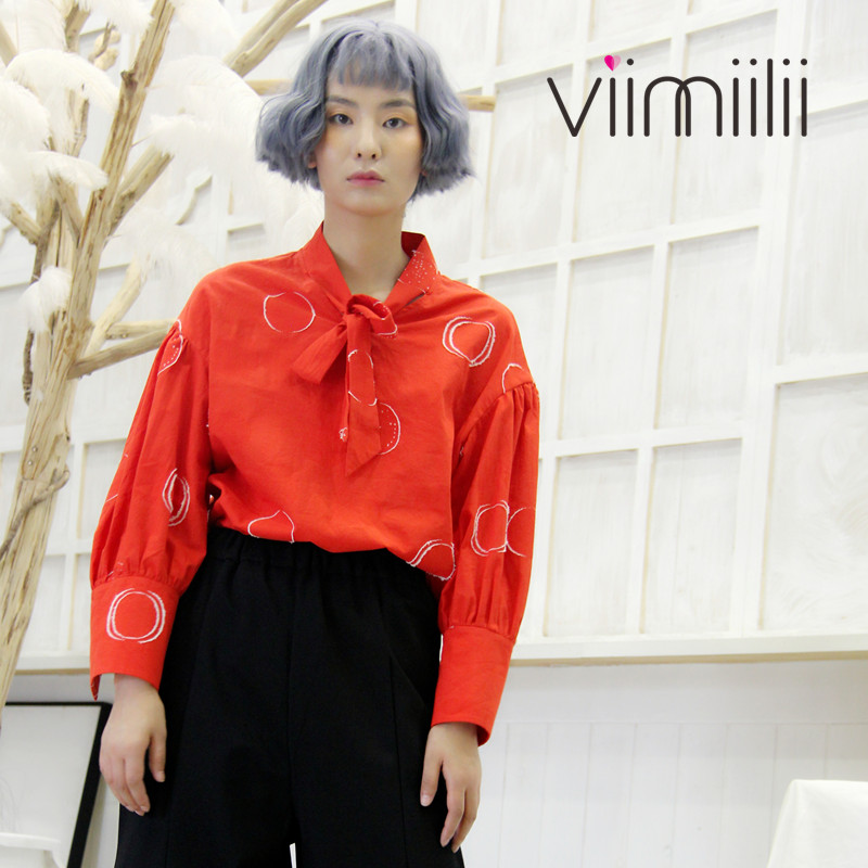 Viimiilii女装原创设计 立体提花纯棉上衣女 波普风宽松红色衬衫