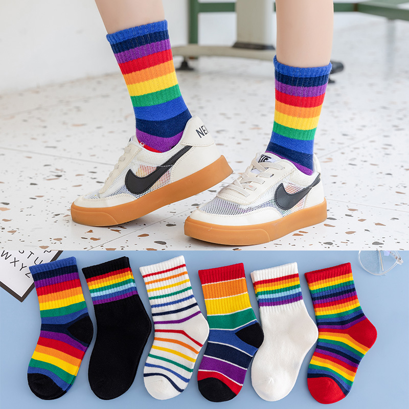 儿童袜子纯棉春秋男童女童彩虹运动中筒袜潮流条纹彩色学生宝宝袜