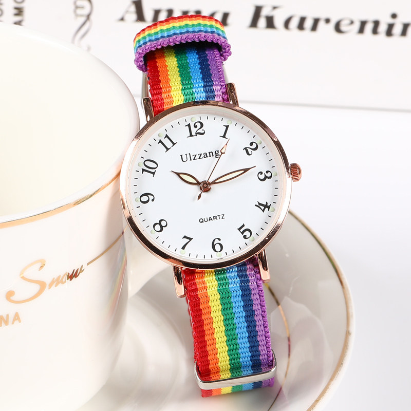 手表女款学生初高中女彩虹帆布带夜光防水小巧超薄考试用女孩儿童