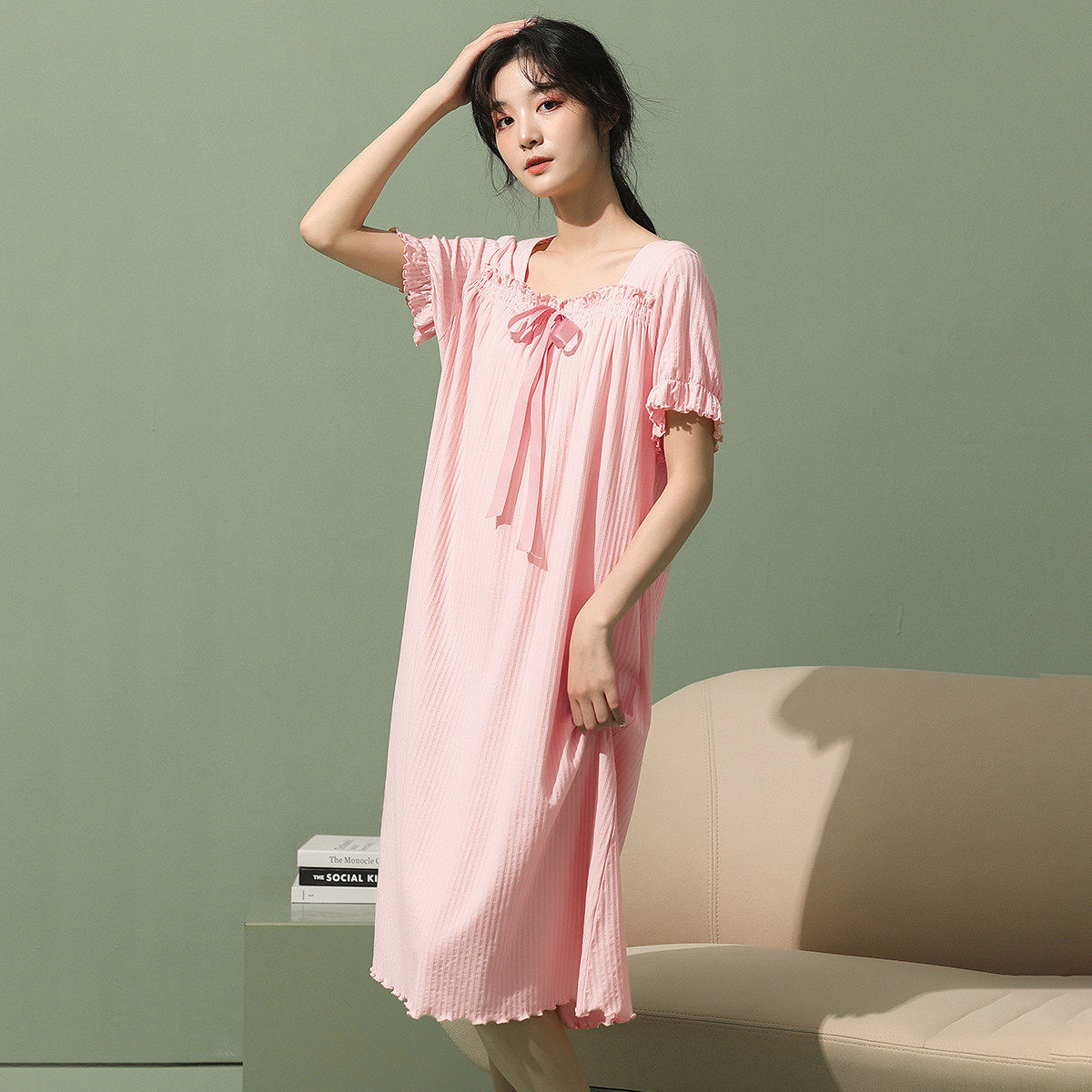 女士长裙夏季短袖棉中睡裙家居服家居裙柔美新款2022睡衣