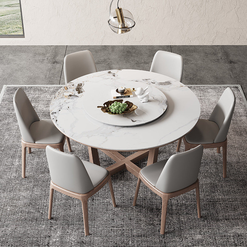 岩板圆桌现代简约家用小户型高端圆形吃饭桌子实木圆餐桌椅组合