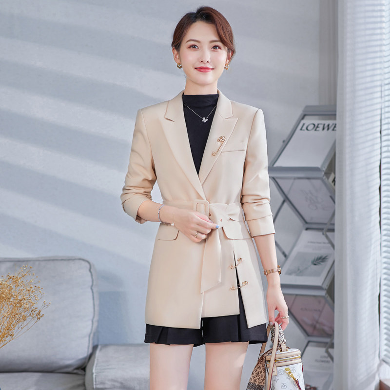 黑色2021新款春秋中长款小西装气质腰带西服女韩版休闲宽松女神范