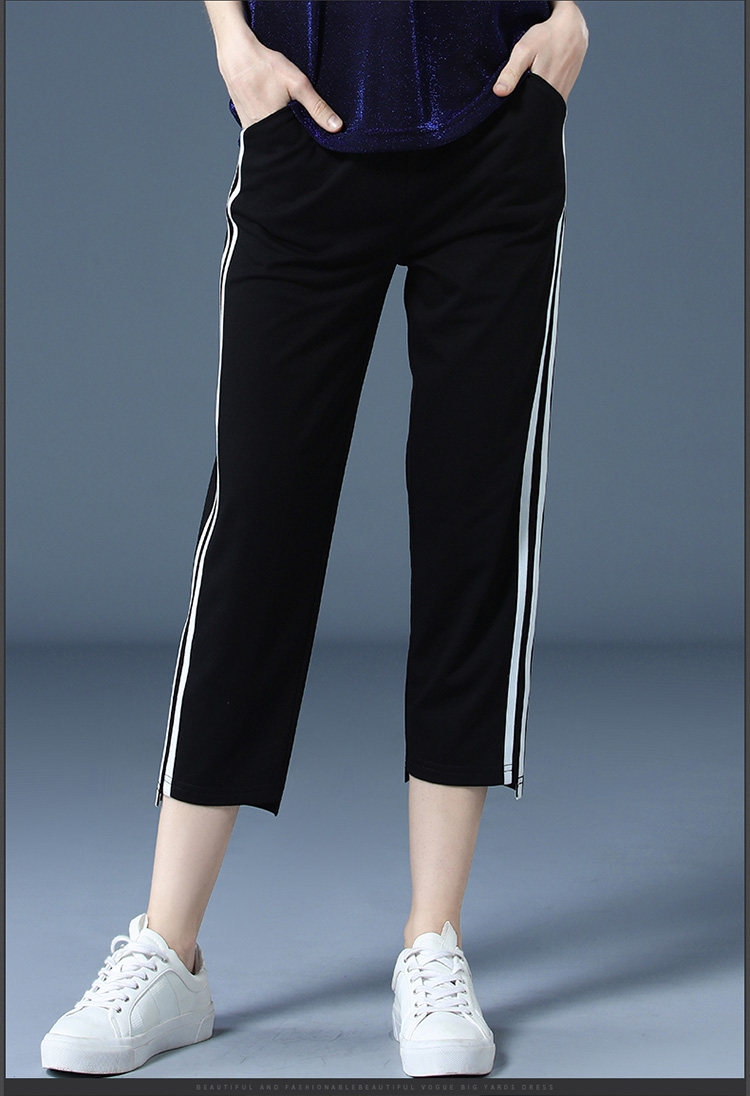新款黑色运动裤女潮韩版宽松夏季胖mm大码条纹休闲裤七分哈伦裤