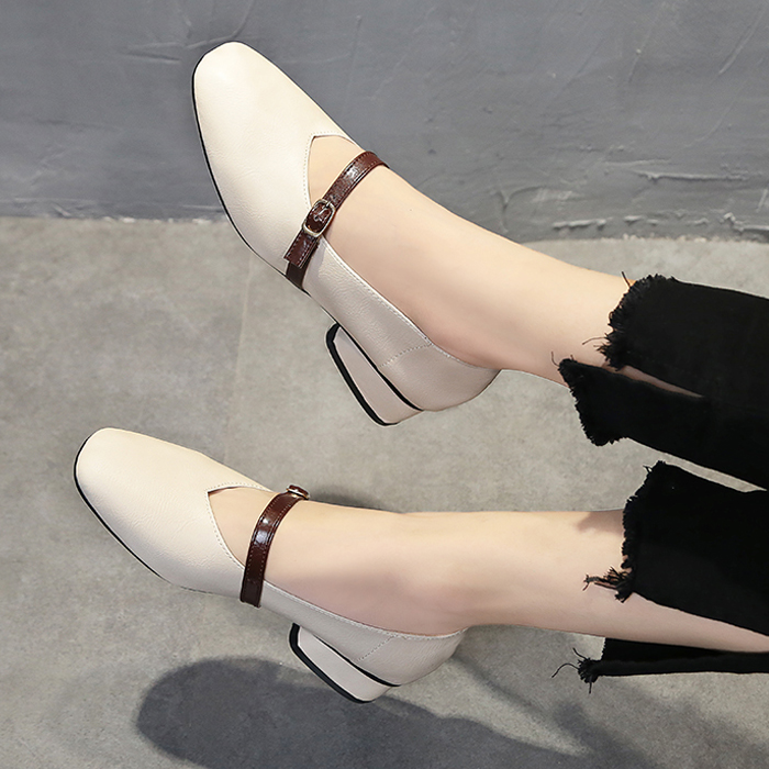 2017秋季新款方頭粗跟中跟復古奶奶鞋一字扣單鞋韓版女鞋高跟鞋女