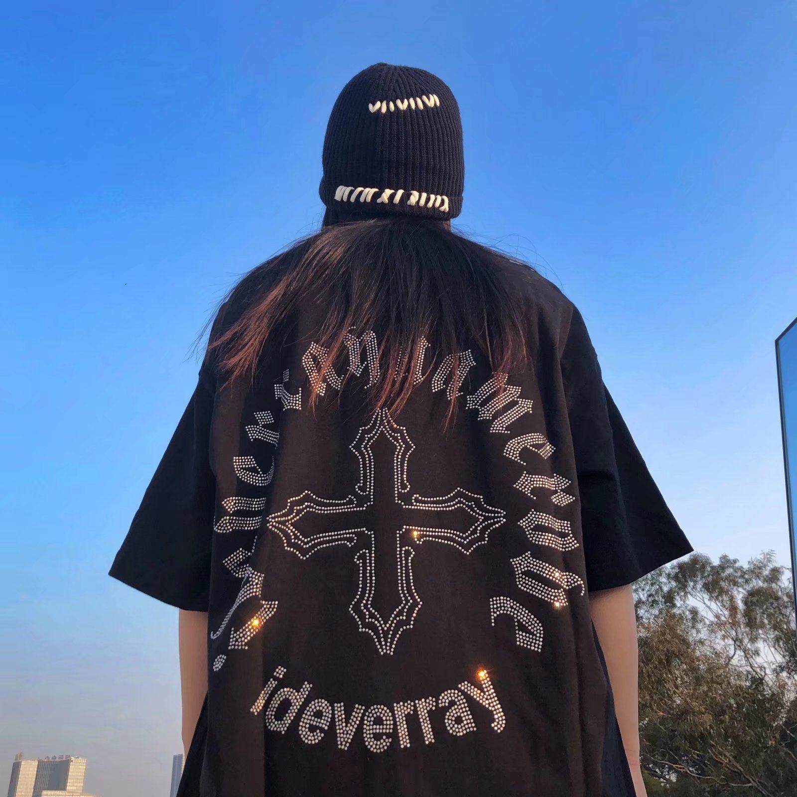 美式高街嘻哈字母烫钻短袖t恤男女潮牌宽松胖子大码潮流休闲上衣