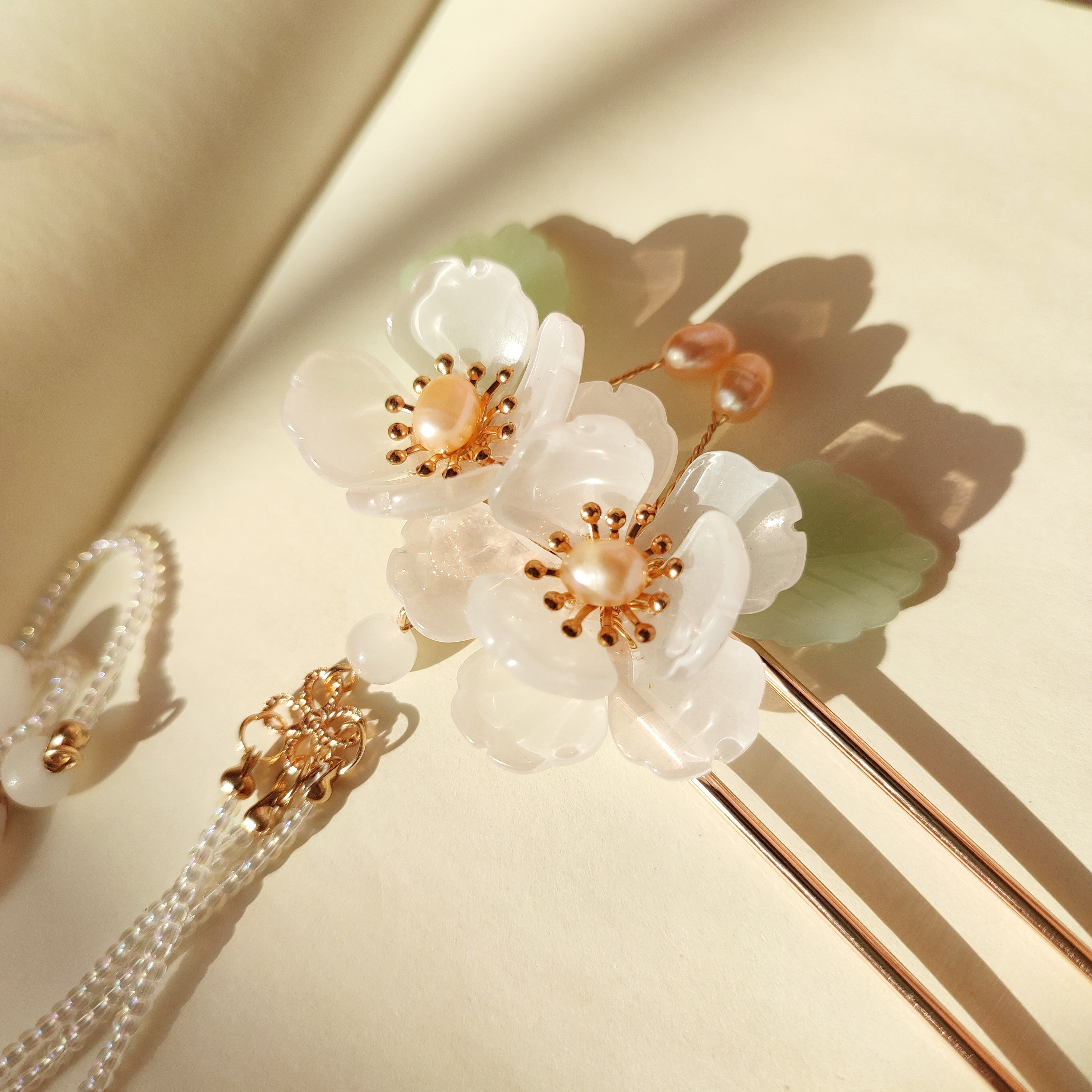 聆琅基础 海棠琉璃简约精致珍珠花簪长流苏发夹簪子 海cht025棠