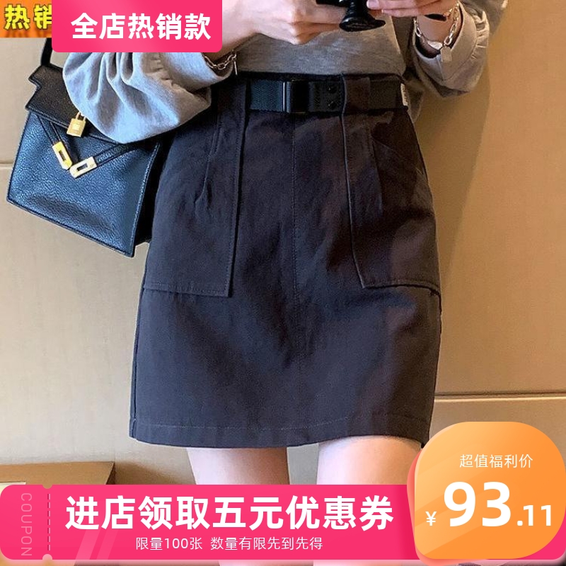 工装半身裙女春夏2022新款港风高腰显瘦a字裙设计感包臀短裙子潮