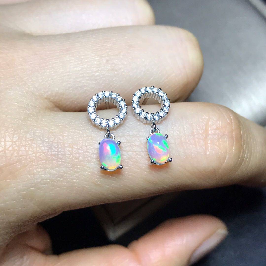 特惠925银镶天然欧泊耳坠 主石尺寸4*6mm小清新炫彩欧泊耳钉5*7mm