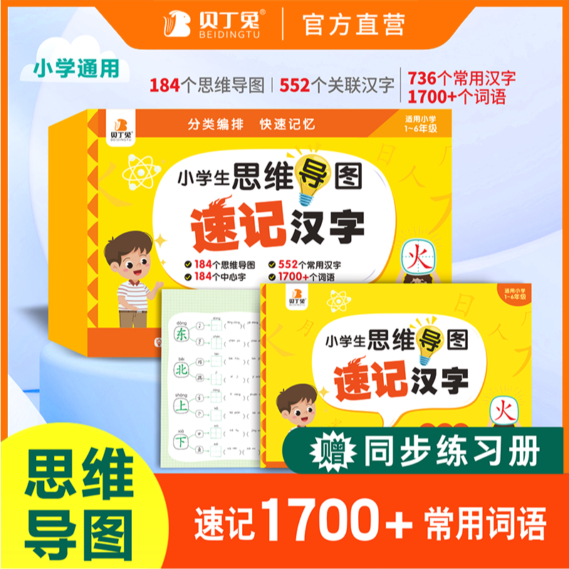 2024新版贝丁兔小学速记汉字手卡思维导图速记汉字1-6年级小学生通用知识速记手卡小学英语思维导图速记英语单词同步练习册