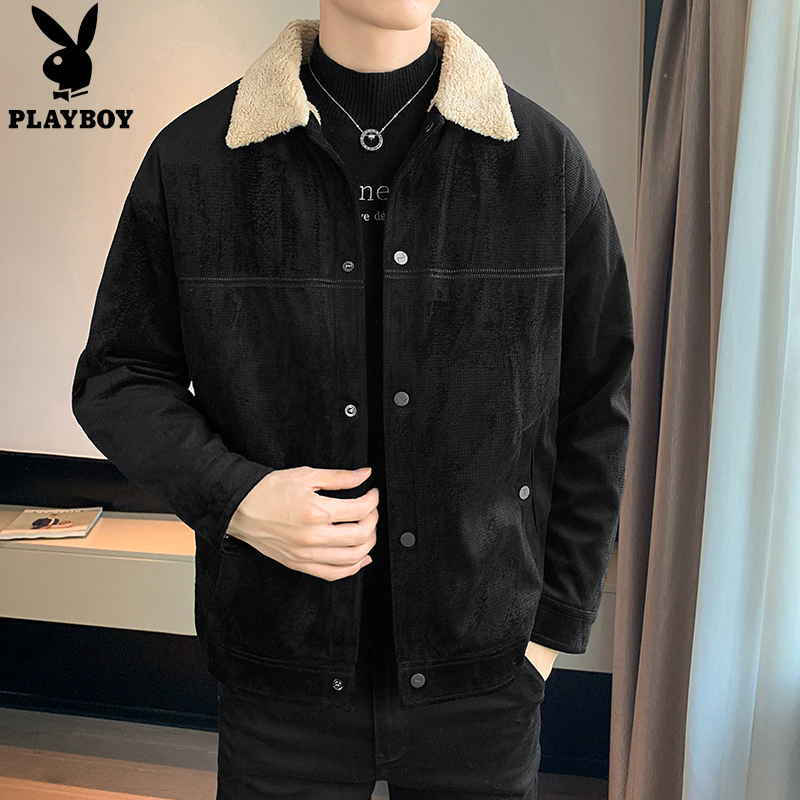 花花公子羊羔绒外套男士秋冬季新款加绒加厚保暖防风加厚休闲服潮