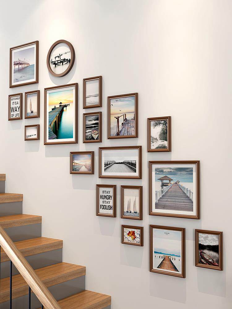 楼梯照片墙免打孔轻奢墙上装饰相框墙挂墙组合创意欧式公司相片墙