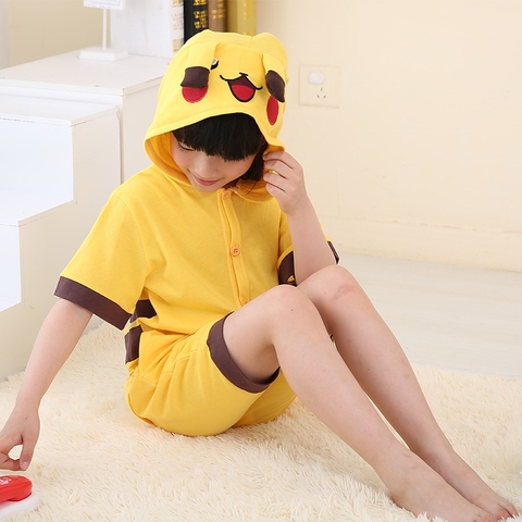 儿童皮卡丘睡衣短袖男童连体衣女童装卡通家居服夏季薄款夏天衣服