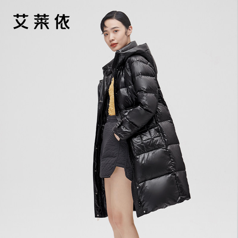 艾莱依新品亮面羽绒服女白鸭绒冬装中长款大牌高端气质加厚外套冬