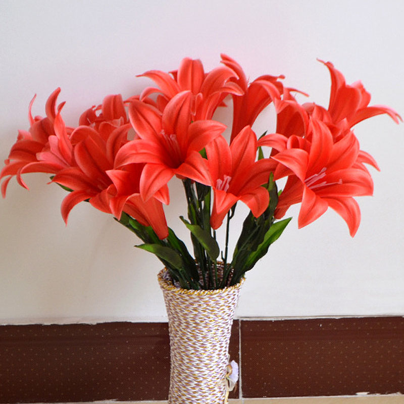 仿真香水百合花束包邮红色10头大花朵装饰假花客厅紫色花瓶插花
