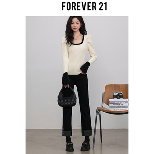 Forever 21【时尚界黑马】加绒黑色牛仔裤女2023年冬季新款高腰直