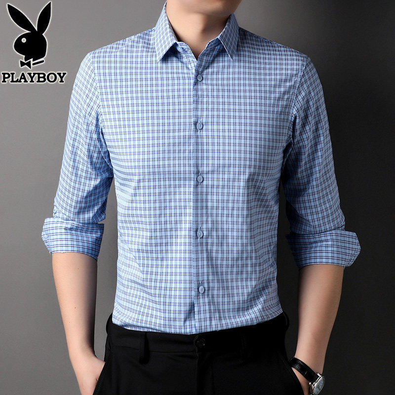 花花公子格子衬衫男士长袖春秋季薄款蓝色衬衣轻商务美式休闲寸衫