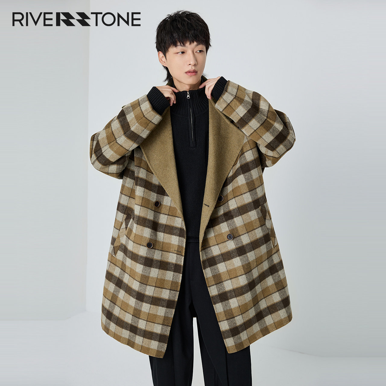 商场同款rs流石男装学院风羊毛呢大衣2023新款冬季双面穿外套